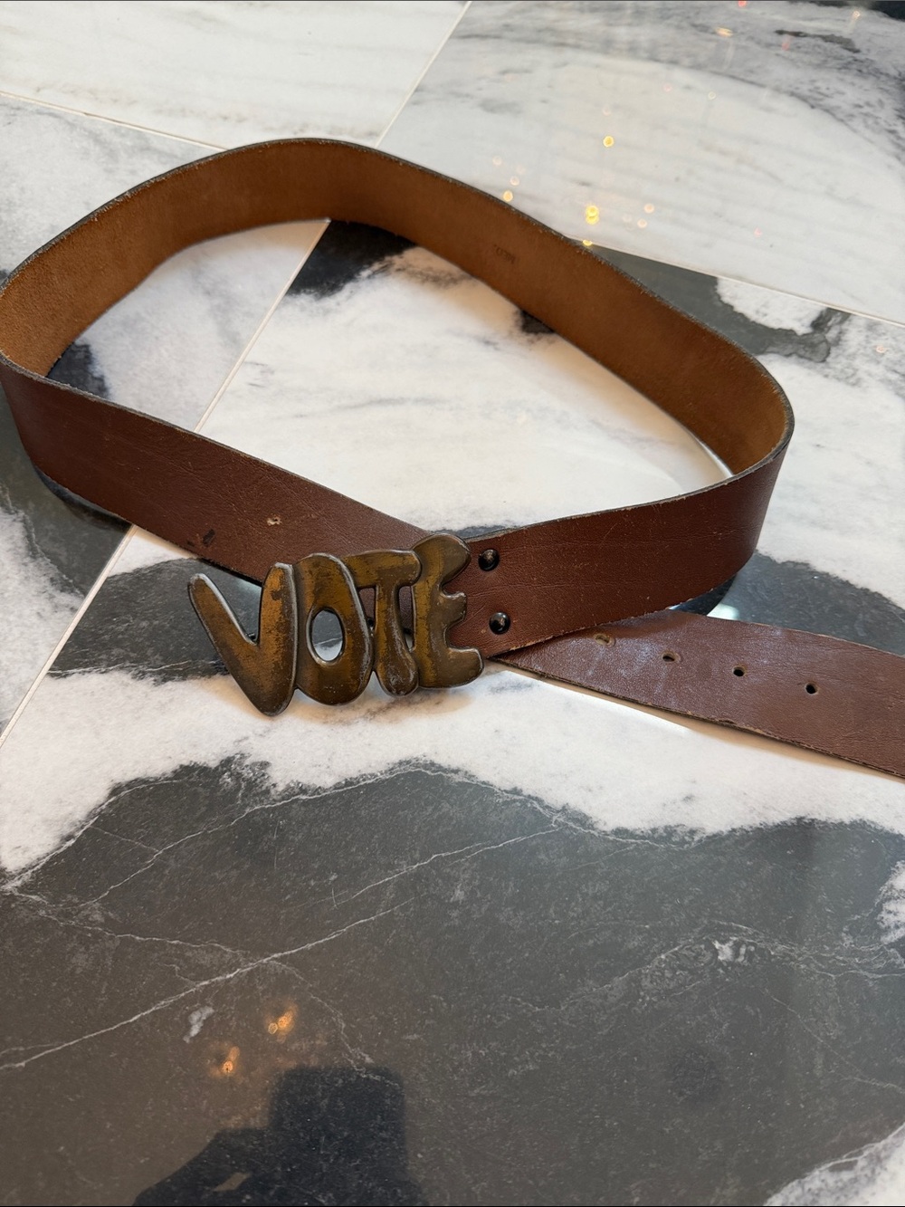 Brown Leather Belt with 'VOTE' Brass Buckle